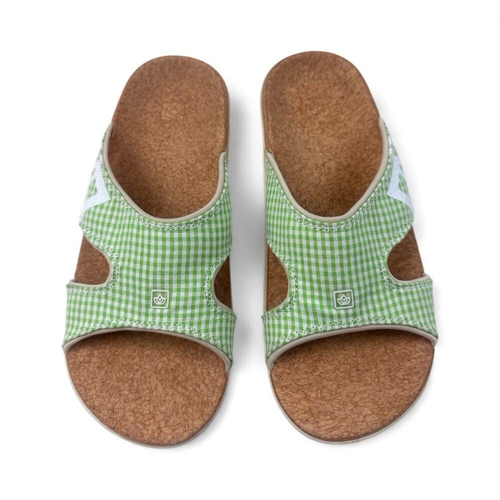 SPENCO Kohol Sandals Slide Green White Gingham Check Size 6 Cork Insole